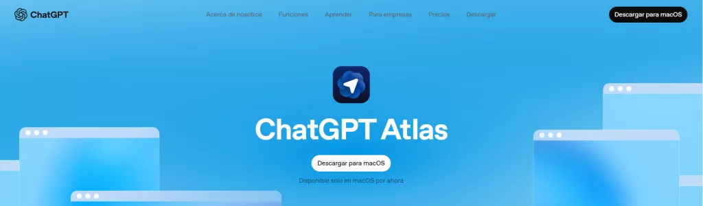 Página de descarga de ChatGPT Atlas, el nuevo navegador inteligente de OpenAI para macOS.