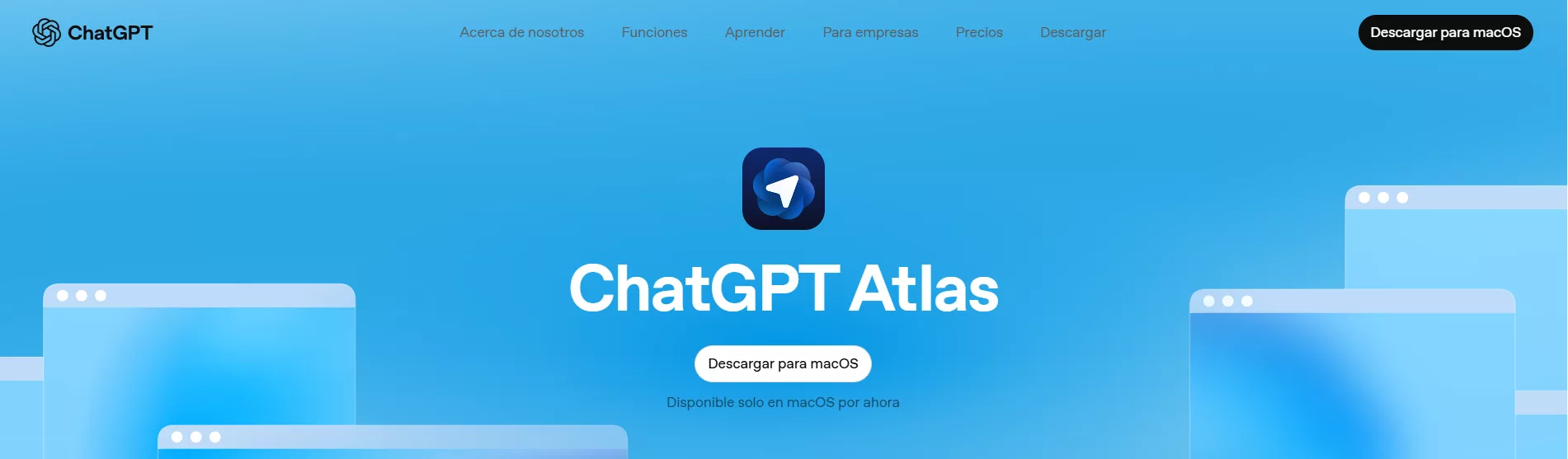 Página de descarga de ChatGPT Atlas, el nuevo navegador inteligente de OpenAI para macOS.
