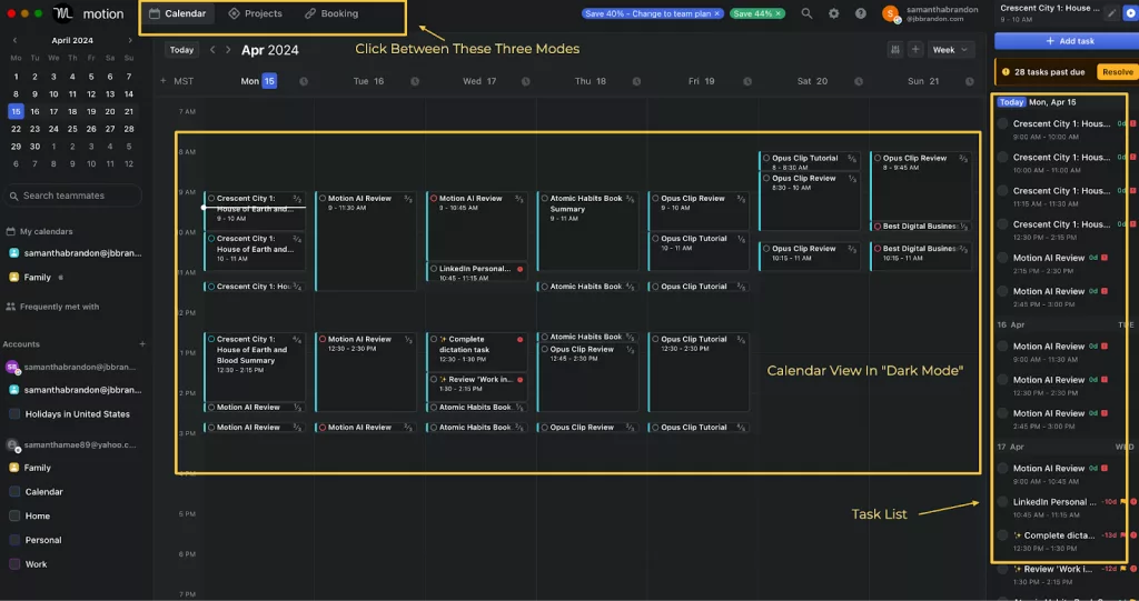 Captura de pantalla de una aplicación de productividad con calendario en modo oscuro, mostrando una agenda semanal con bloques de tareas programadas y una lista de tareas pendientes en el panel derecho, representando la organización y automatización del trabajo con ayuda de IA