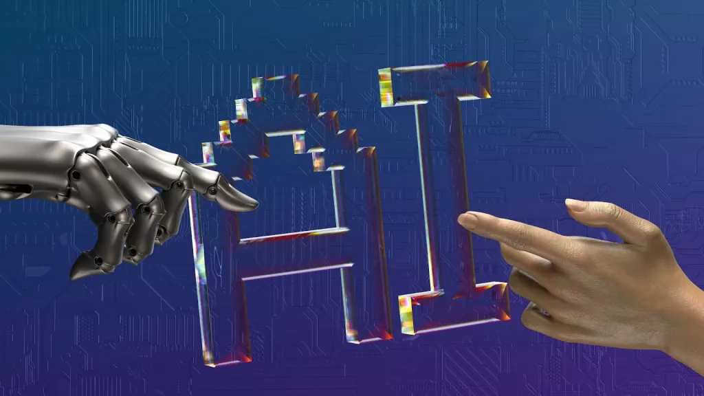 Mano robótica y mano humana señalándose frente a las letras AI sobre un fondo azul con circuitos tecnológicos que representan la automatización de tareas con inteligencia artificial