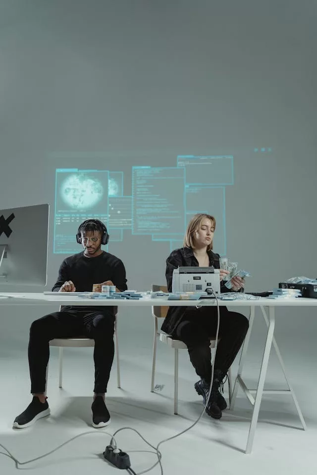 Dos personas sentadas frente a una mesa blanca trabajando con equipos tecnológicos, billetes y pantallas proyectadas con interfaces digitales, representando soluciones de inteligencia artificial para empresas orientadas al análisis de datos y automatización de procesos.